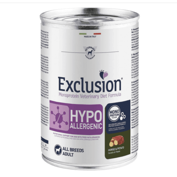 Exclusion Diet Hypoallergenic Cavallo e Patata 400gr Alimento umido per Cani Exclusion Diet Hypoallergenic Cavallo e Patata 400gr Alimento umido per Cani